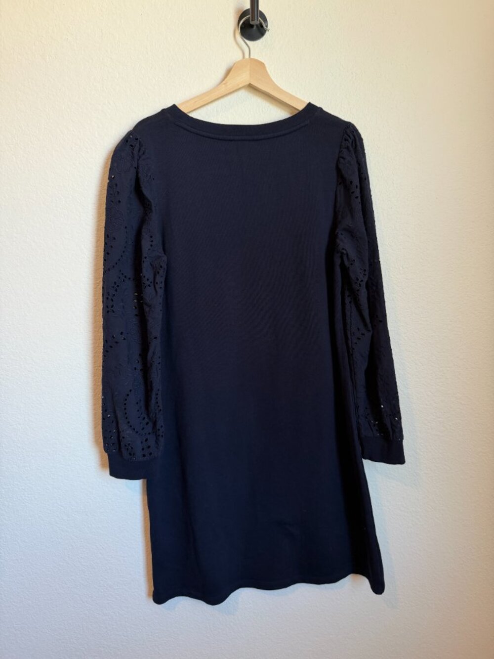 Talbots Black Cotton French Terry Dress Eyelet Sleeve Large L Knit Midi - Picture 7 of 7